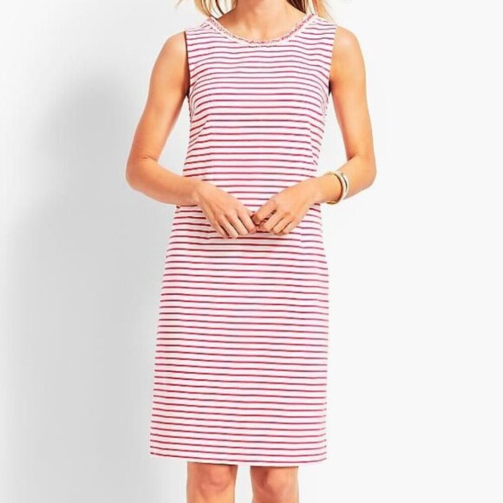 Talbots Sz 10 Shift Dress Pink & White Stripe Sleeveless Ottoman